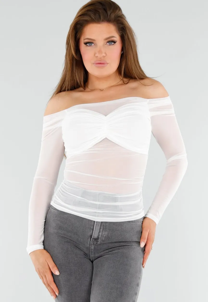 Stretch Off-Shoulder Top in Wit met Meshlook