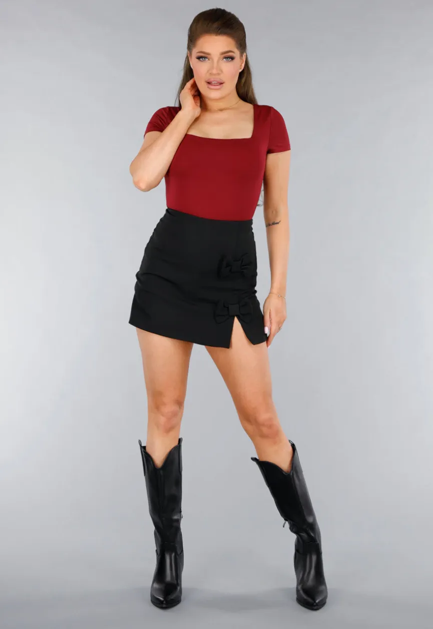 Stretchy Burgundy Shirt met Vierkante Hals en Korte Mouwen