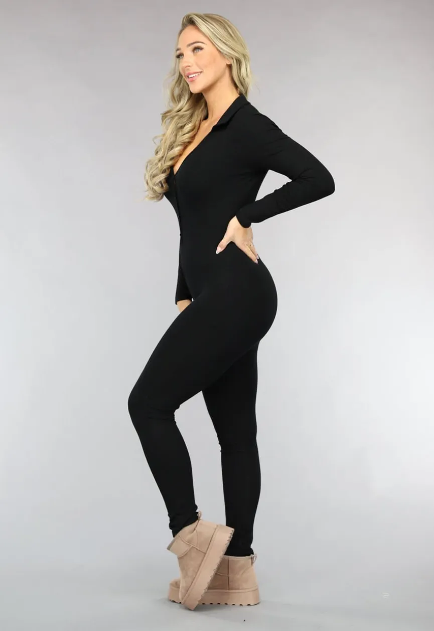 Stretchy Zwarte Rib Jumpsuit met Knoopjes