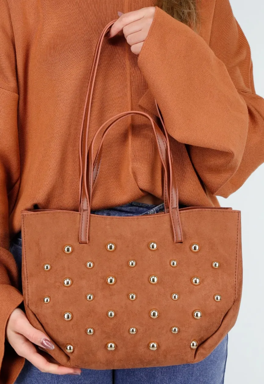 Suède Look Studded Shopper Tas met Hengsels