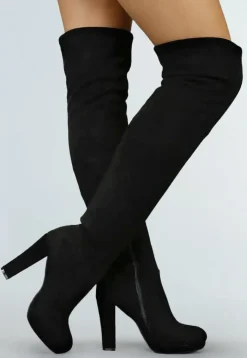 Suède-Look Overknee Laarzen met Hak Zwart
