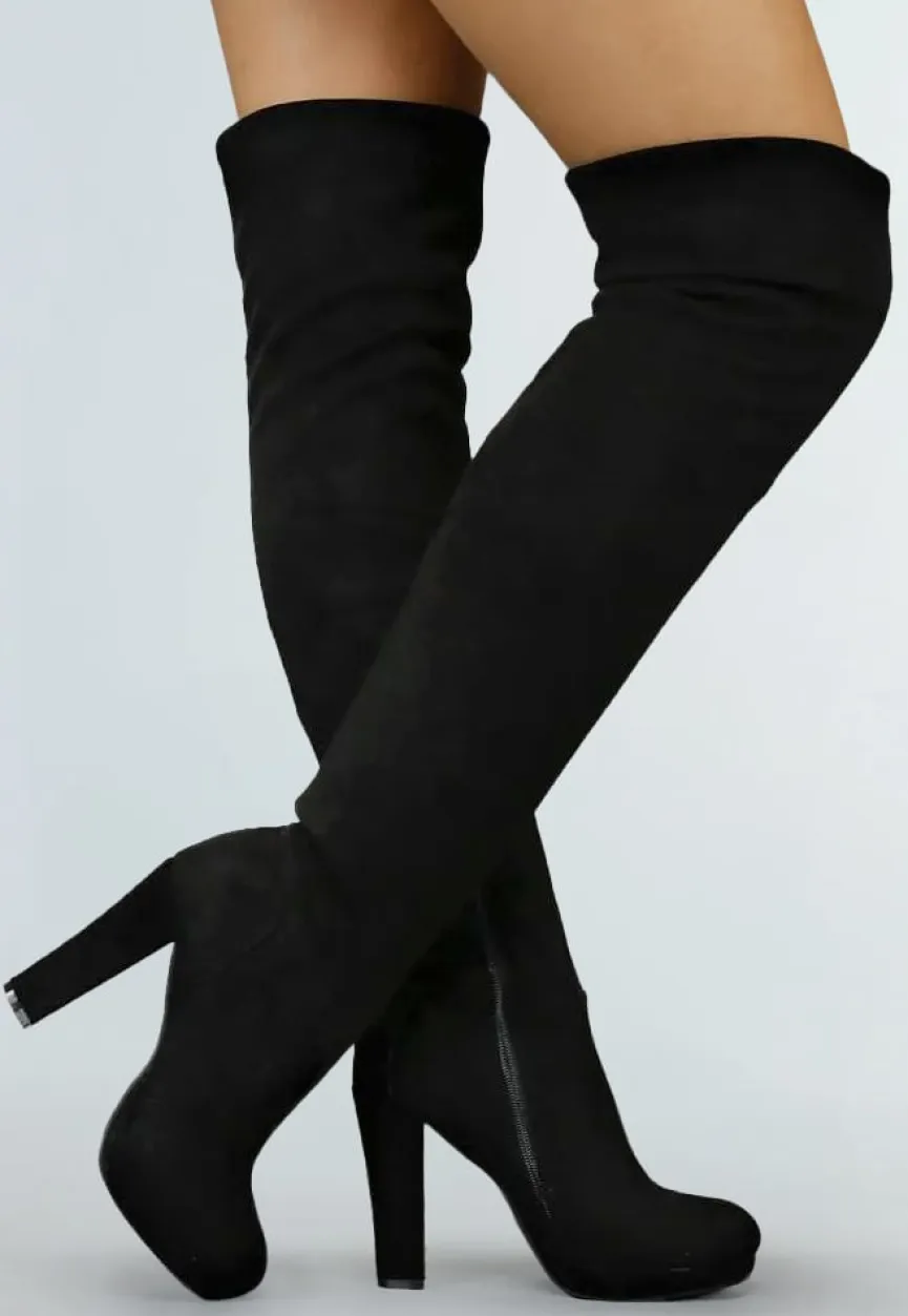 Suède-Look Overknee Laarzen met Hak Zwart