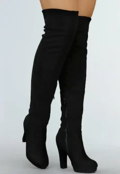 Suède-Look Overknee Laarzen met Hak Zwart
