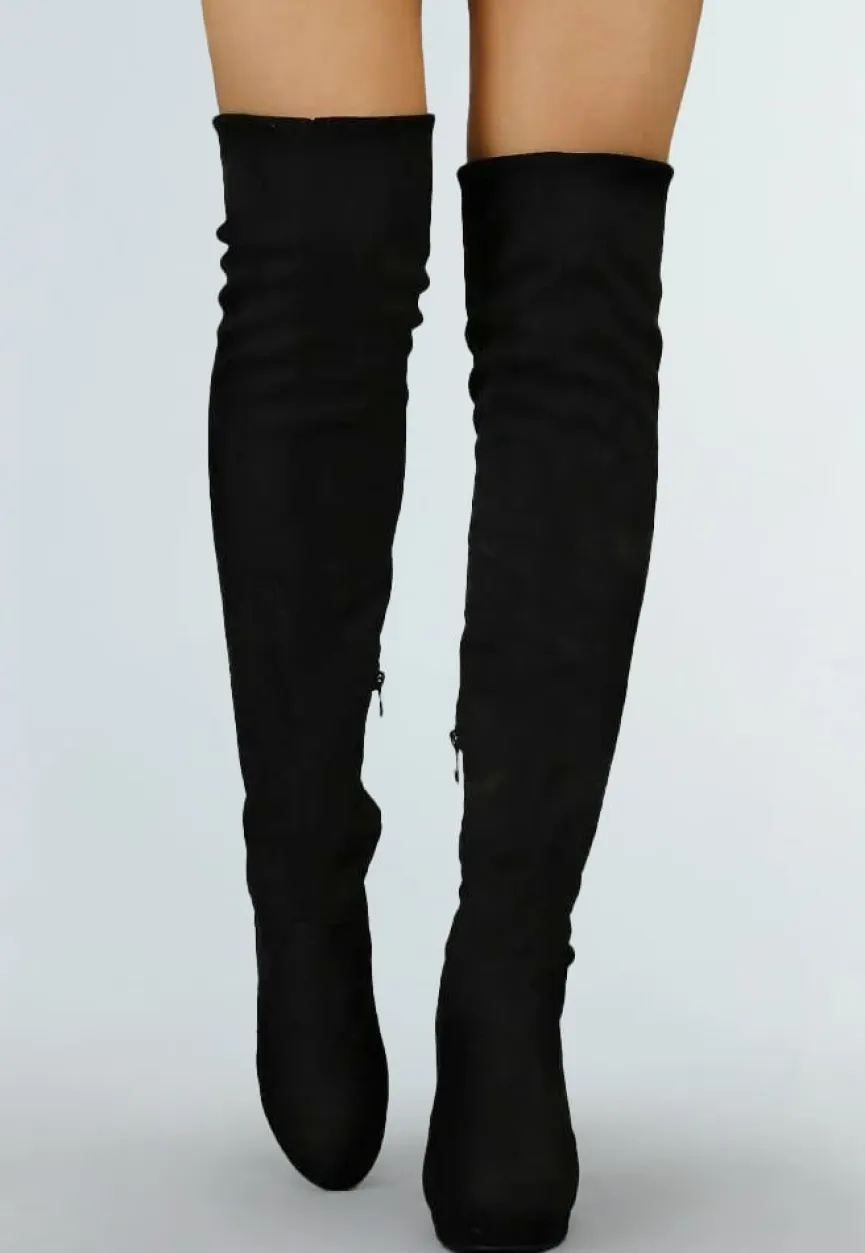Suède-Look Overknee Laarzen met Hak Zwart