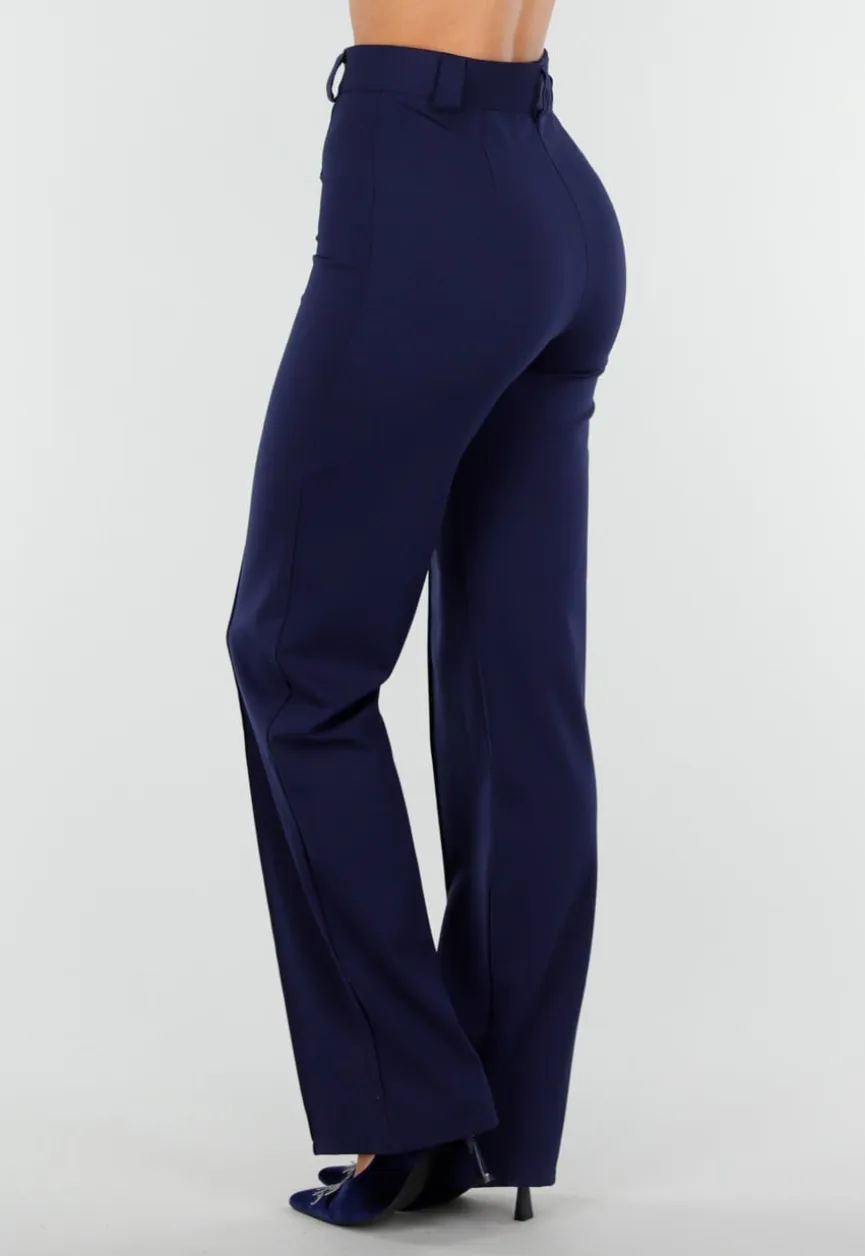 Super Stretch Straight Leg Navy Blauwe Pantalon