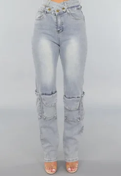 Tall Blauwe Denim Cargo Jeans met Overslag Taille