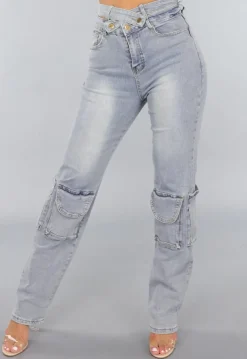 Tall Blauwe Denim Cargo Jeans met Overslag Taille