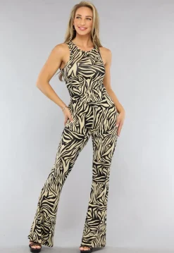 Tall Elastische Beige Zebra Broek met Wijduitlopende Pijpen