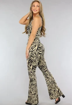 Tall Elastische Beige Zebra Broek met Wijduitlopende Pijpen