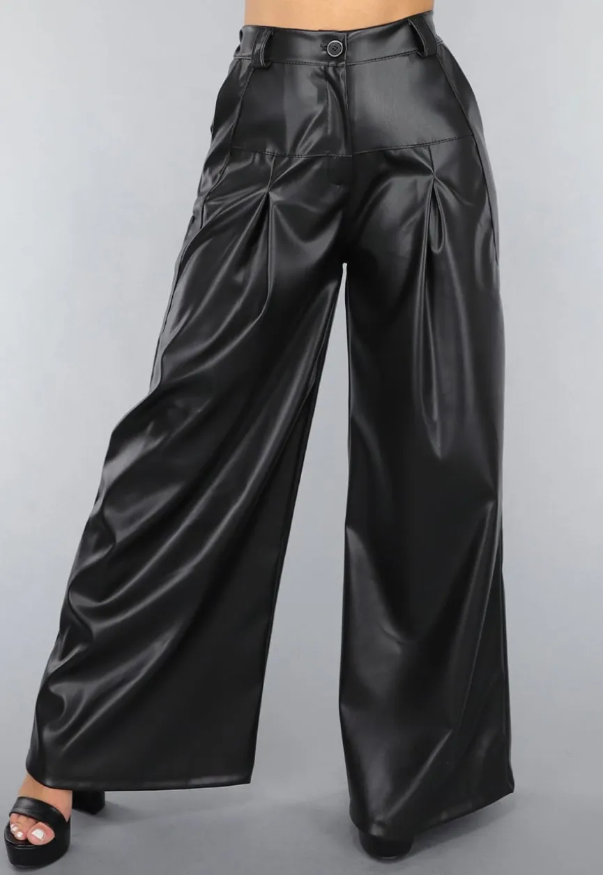 Tall Lederlook Wide Leg Pantalon in Zwart