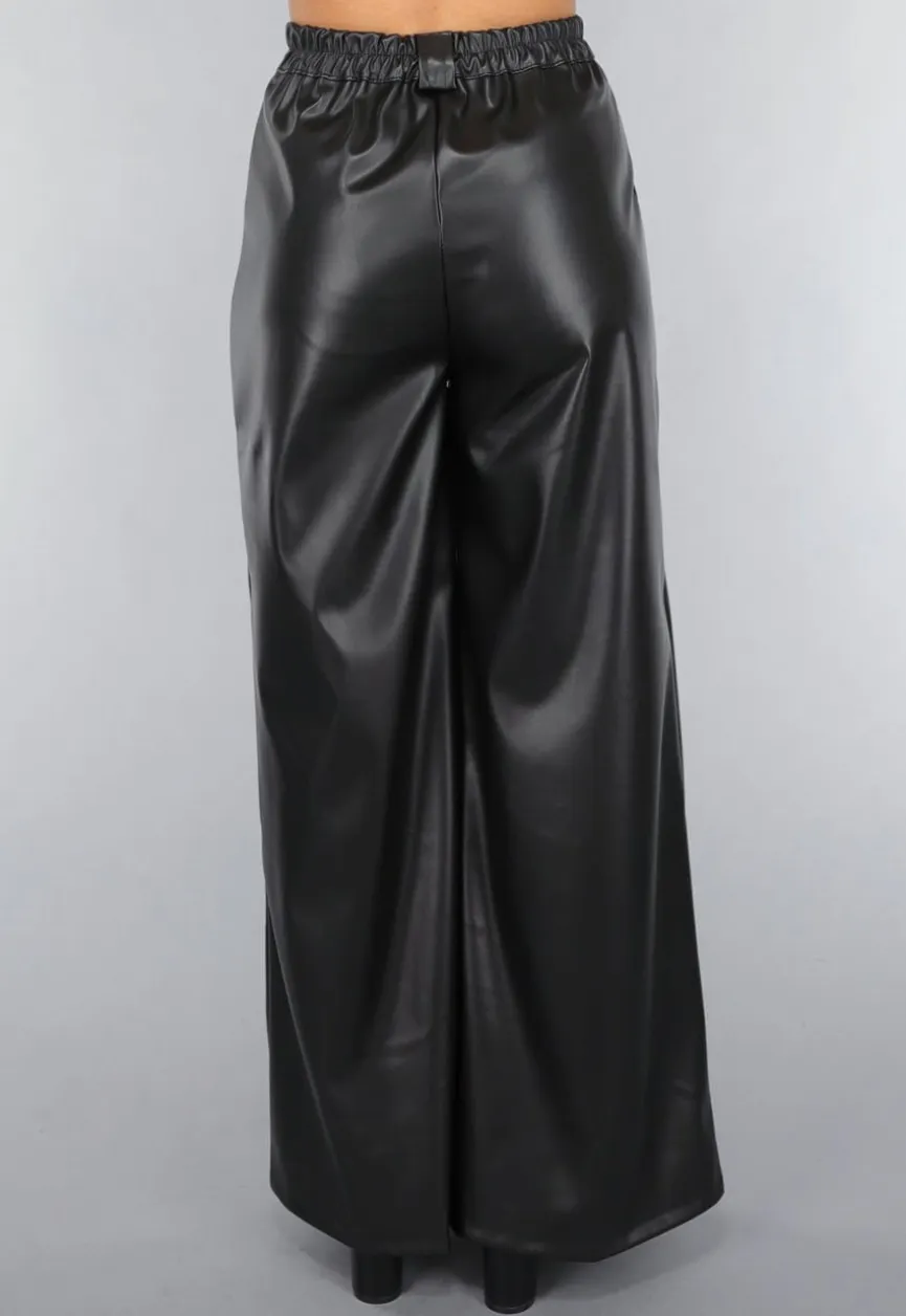 Tall Lederlook Wide Leg Pantalon in Zwart