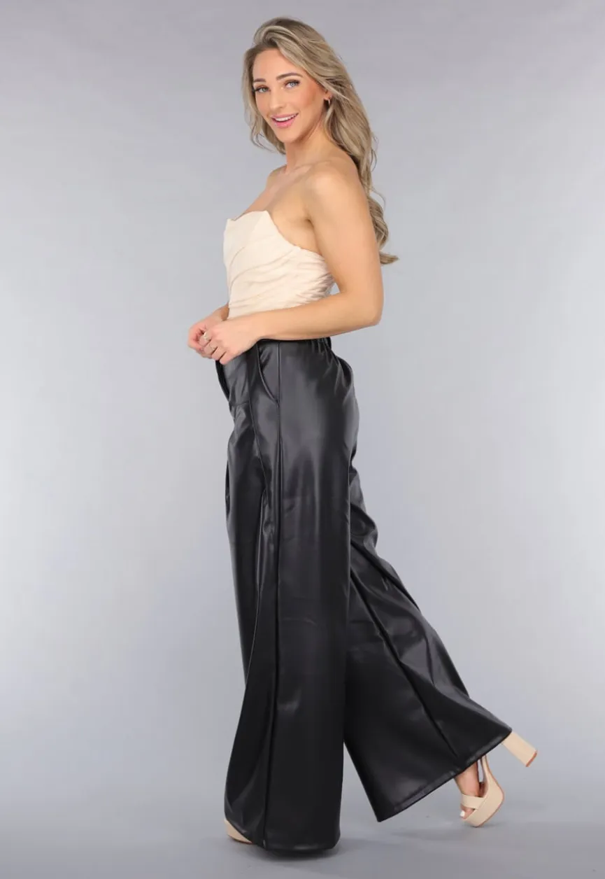 Tall Lederlook Wide Leg Pantalon in Zwart