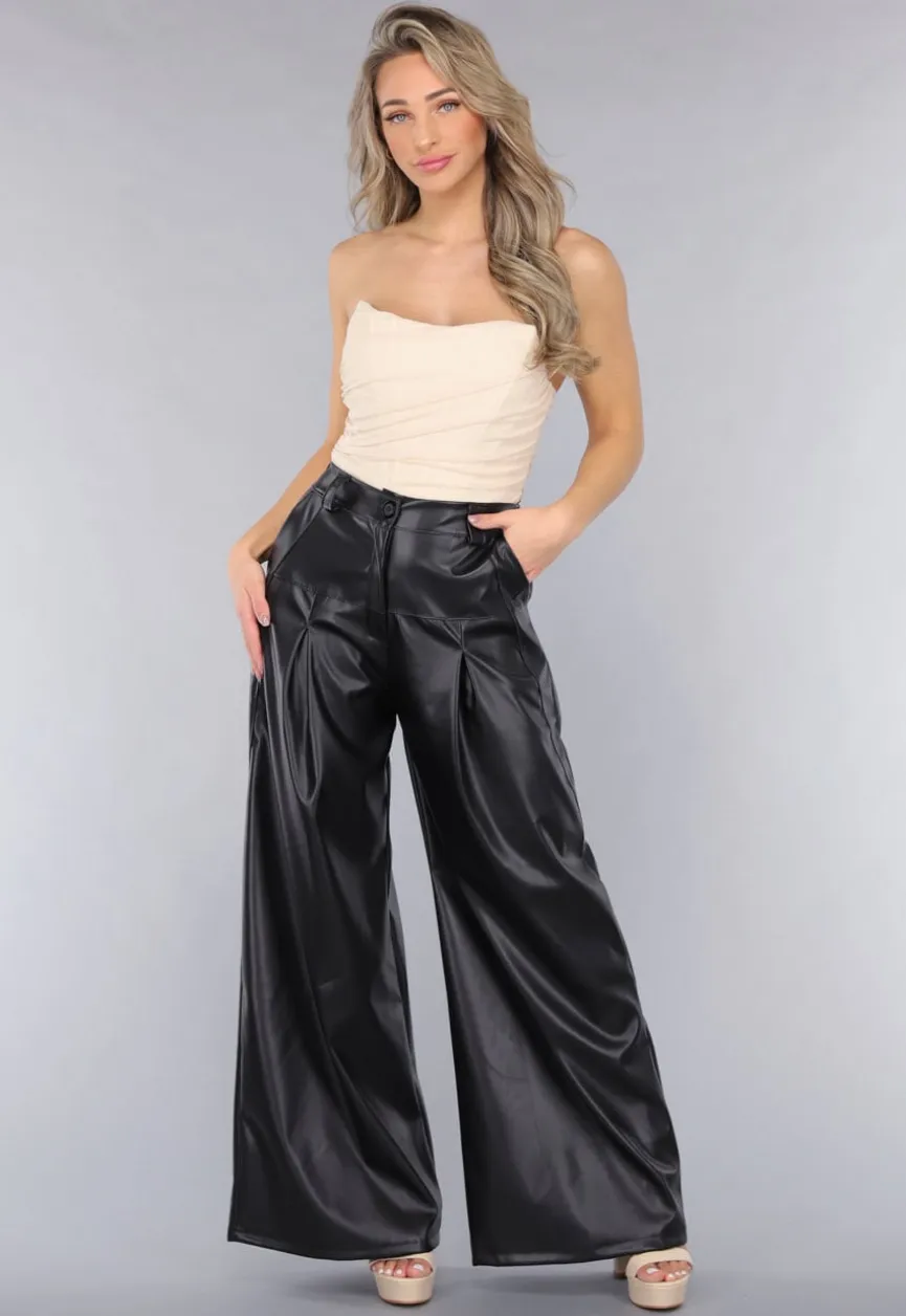 Tall Lederlook Wide Leg Pantalon in Zwart