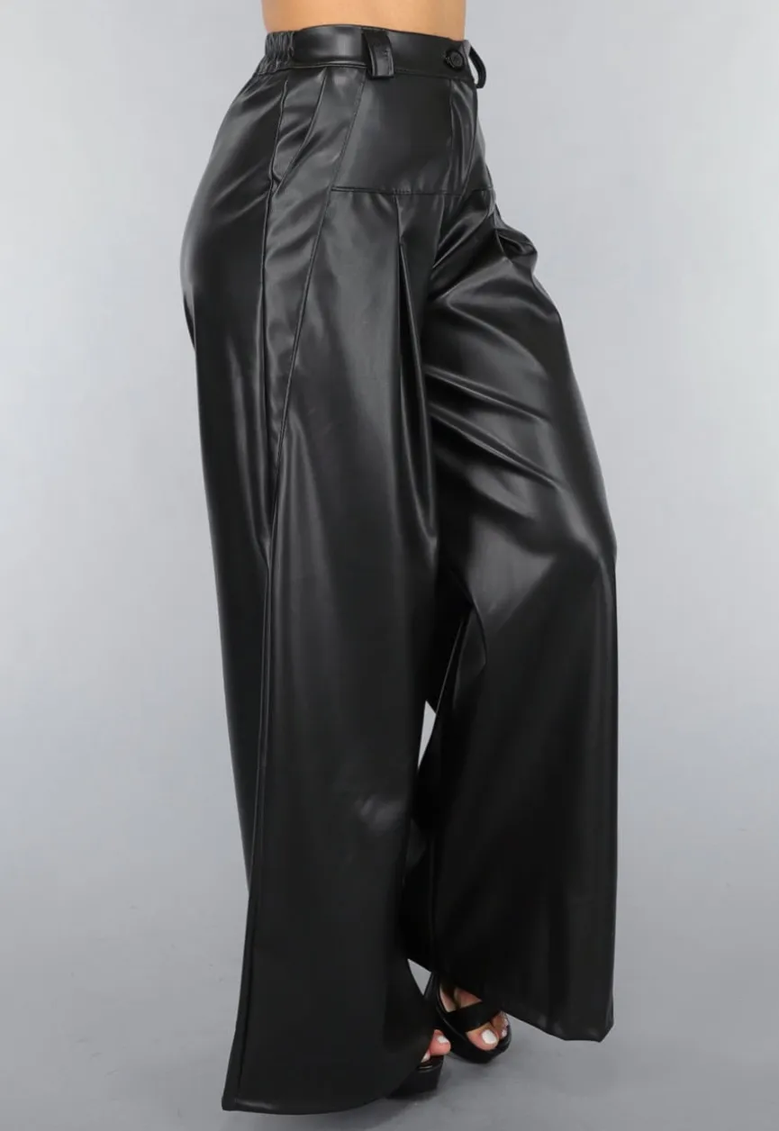Tall Lederlook Wide Leg Pantalon in Zwart