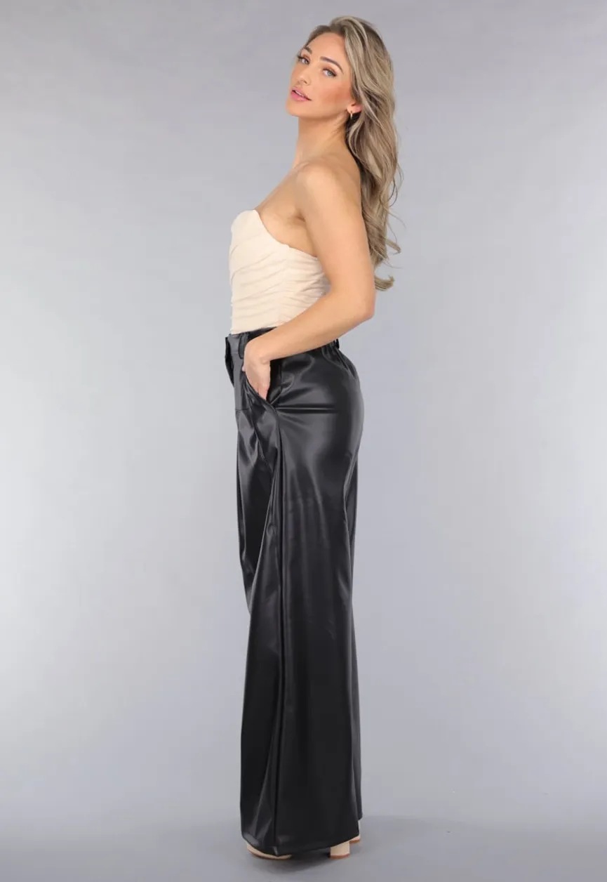 Tall Lederlook Wide Leg Pantalon in Zwart