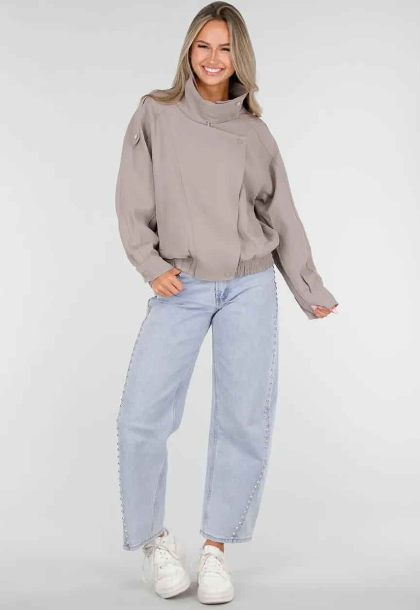 Taupe Bikerjack met Opstaande Kraag en Ritssluiting