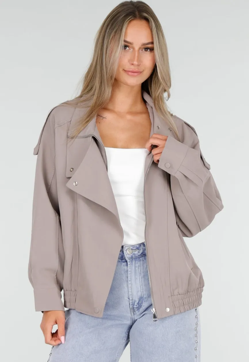 Taupe Bikerjack met Opstaande Kraag en Ritssluiting