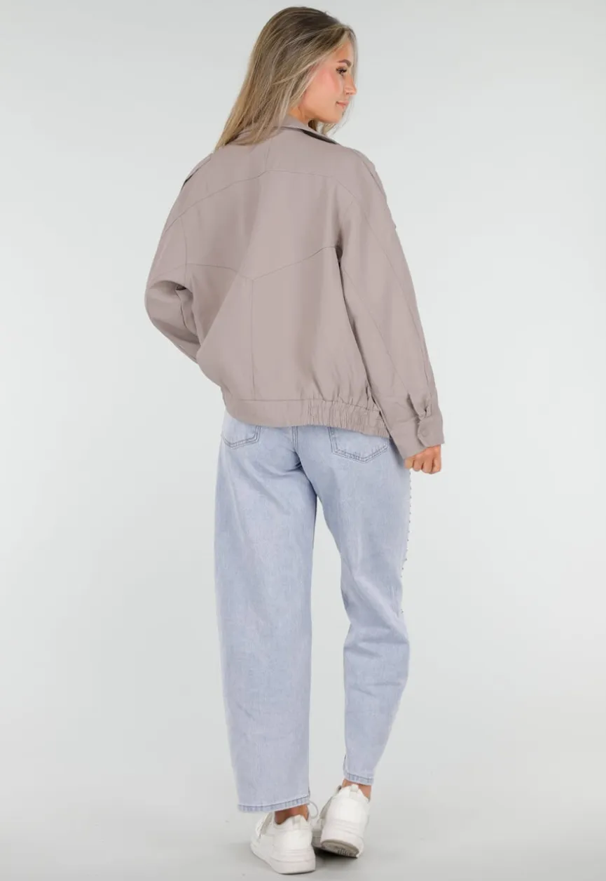 Taupe Bikerjack met Opstaande Kraag en Ritssluiting