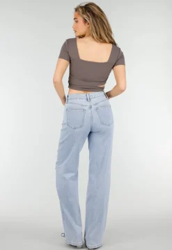 Taupe Cropped Sport Top met Korte Mouwen en Wrap Detail