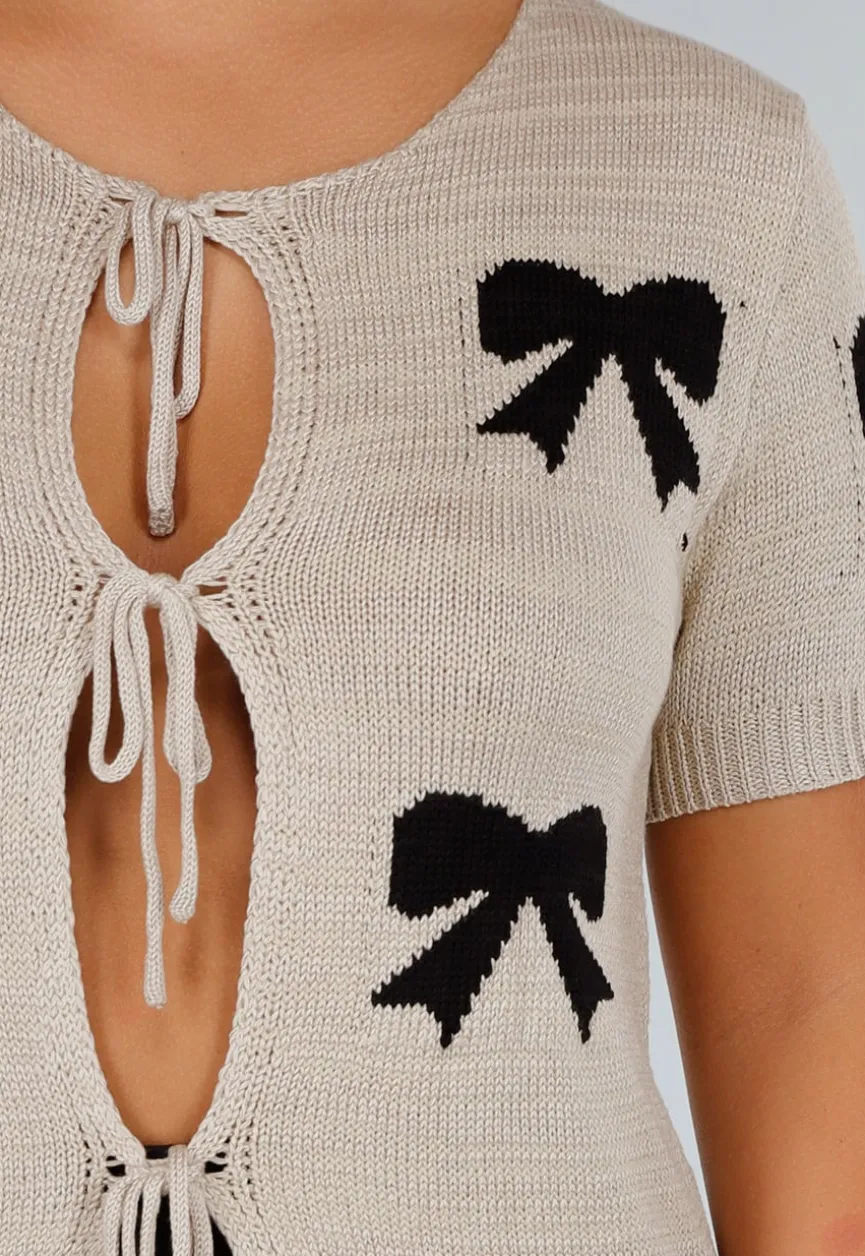 Taupe Gebreide Top met Strikprint, Striksluitingen, Stretch en Boordafwerking