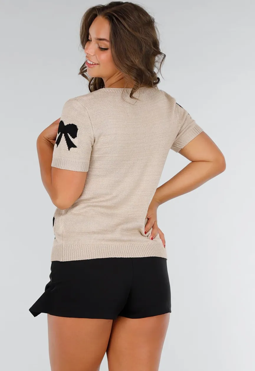 Taupe Gebreide Top met Strikprint, Striksluitingen, Stretch en Boordafwerking