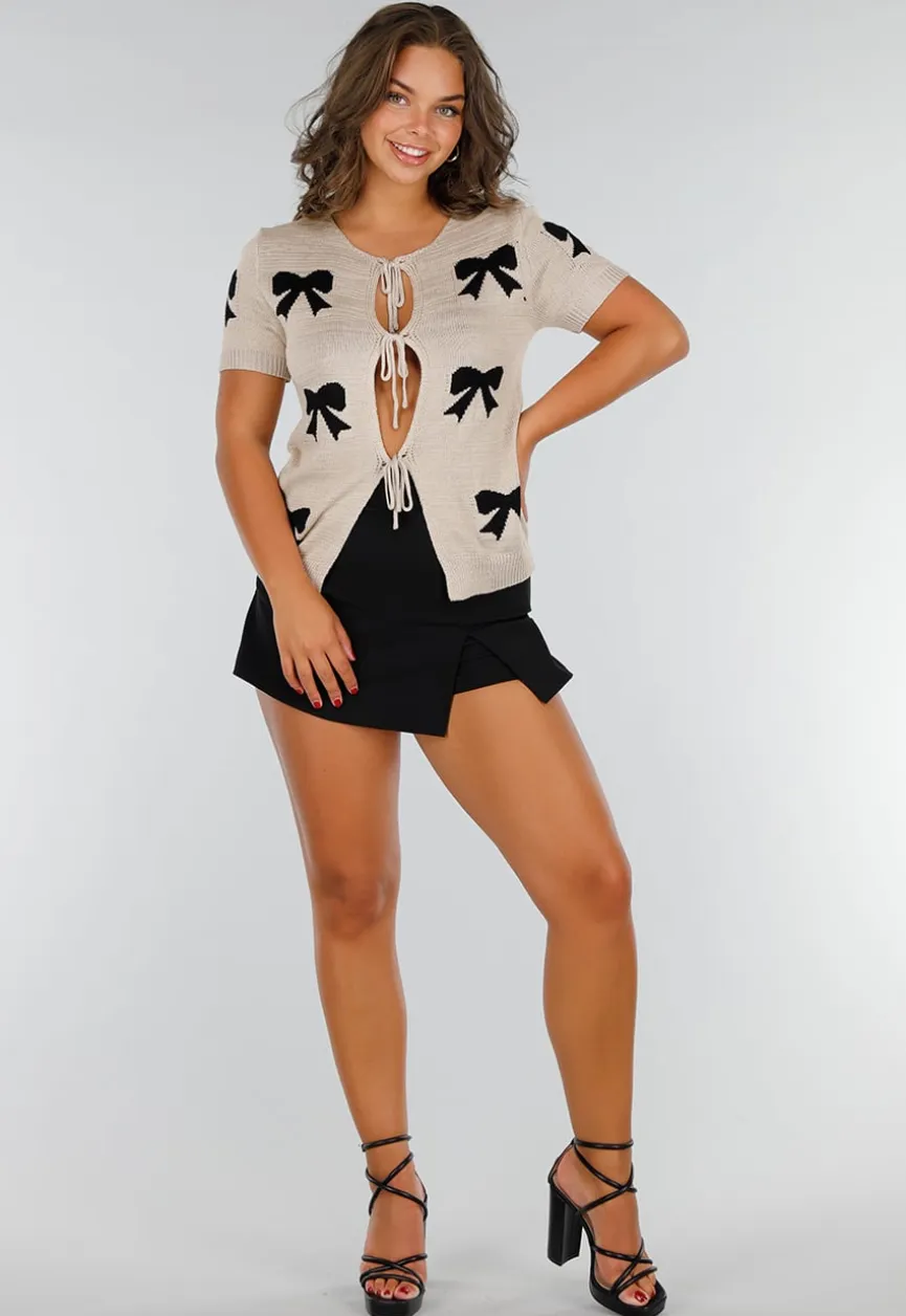 Taupe Gebreide Top met Strikprint, Striksluitingen, Stretch en Boordafwerking