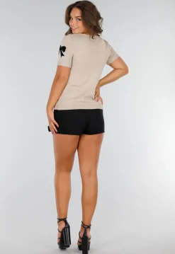 Taupe Gebreide Top met Strikprint, Striksluitingen, Stretch en Boordafwerking