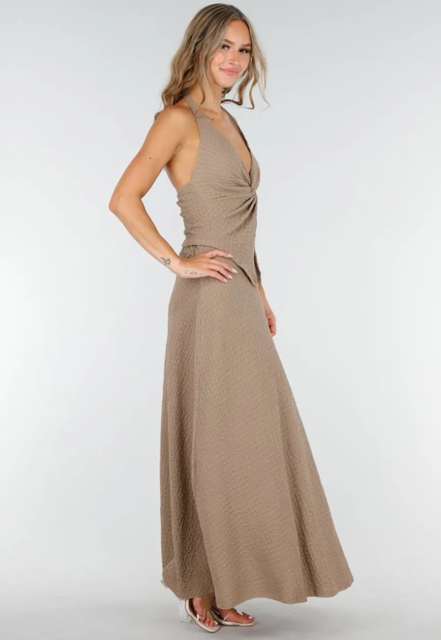 Taupe Halter Set met Geknoopte Top en Stretch