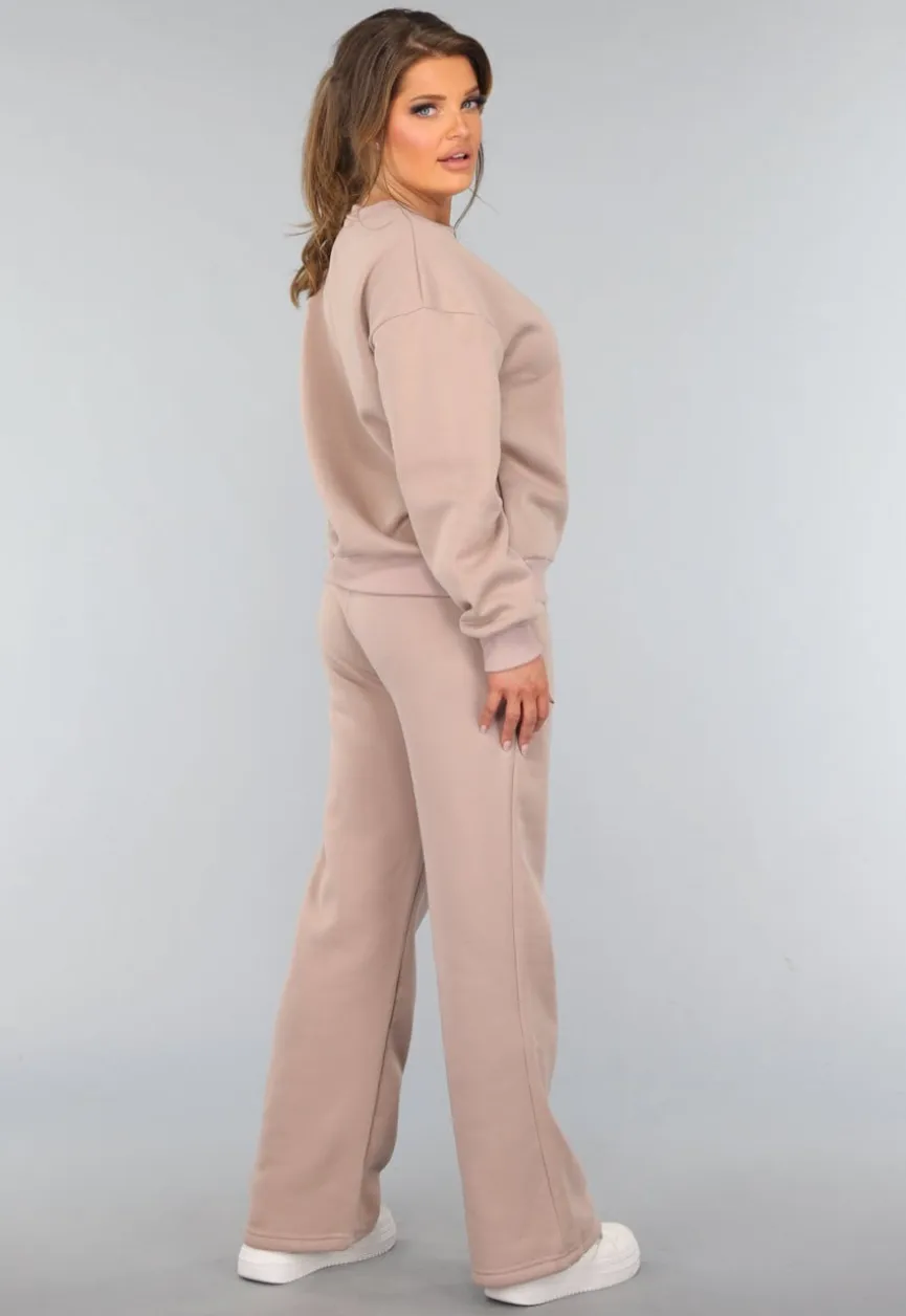 Taupe Joggingpak met Wijduitlopende Broek