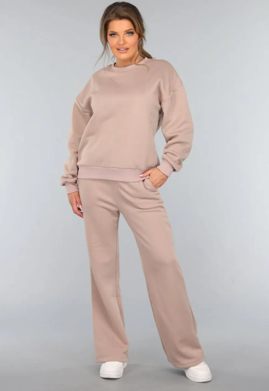 Taupe Joggingpak met Wijduitlopende Broek
