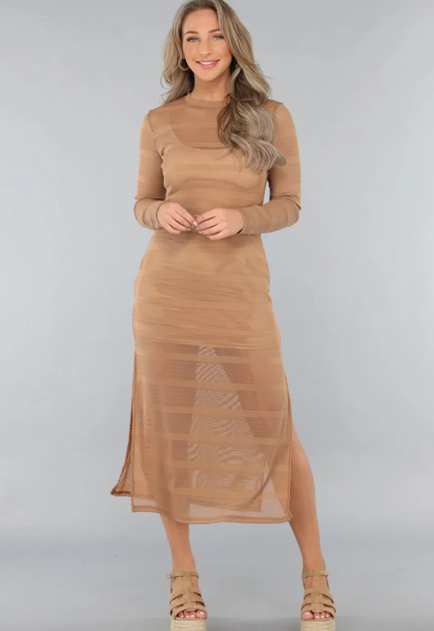 Taupe Jurk met Knit Look en Onderjurk