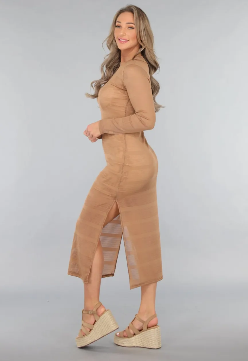 Taupe Jurk met Knit Look en Onderjurk