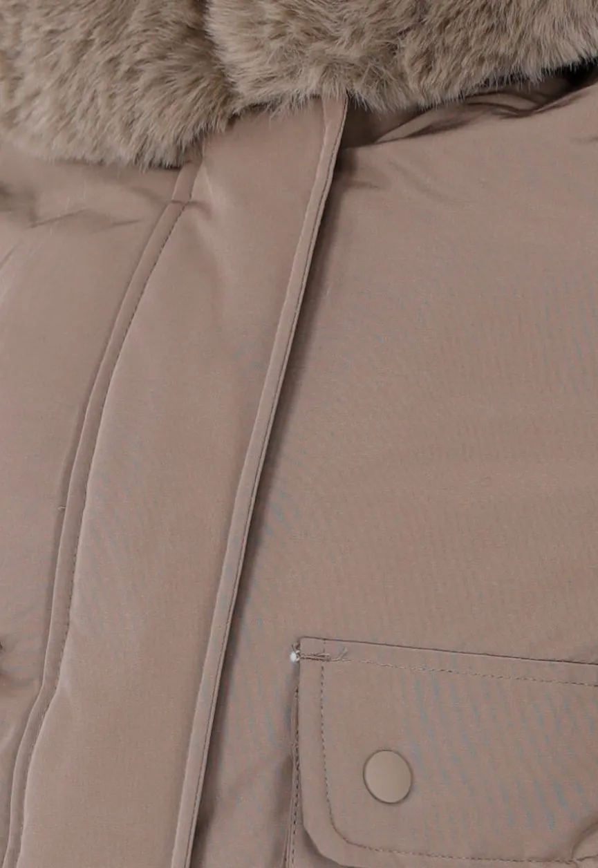 Taupe Korte Jas met Imitatiebontkraag