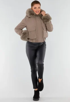 Taupe Korte Jas met Imitatiebontkraag