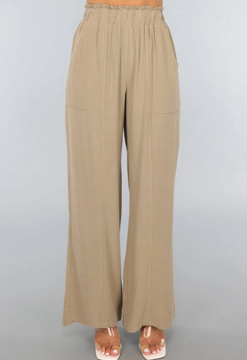 Taupe Linnenlook Broek met Wijde Pijpen