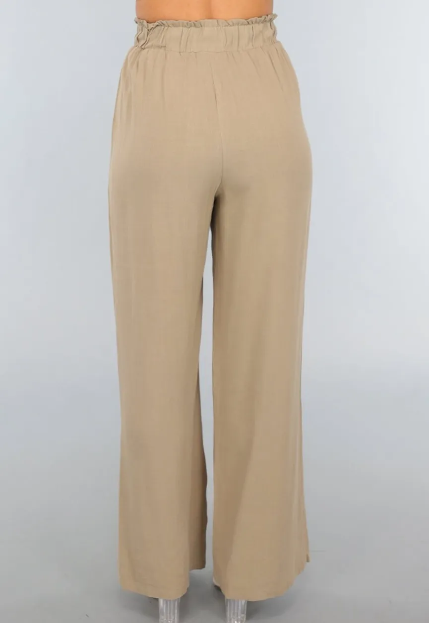 Taupe Linnenlook Broek met Wijde Pijpen