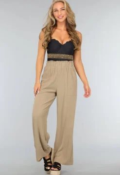 Taupe Linnenlook Broek met Wijde Pijpen