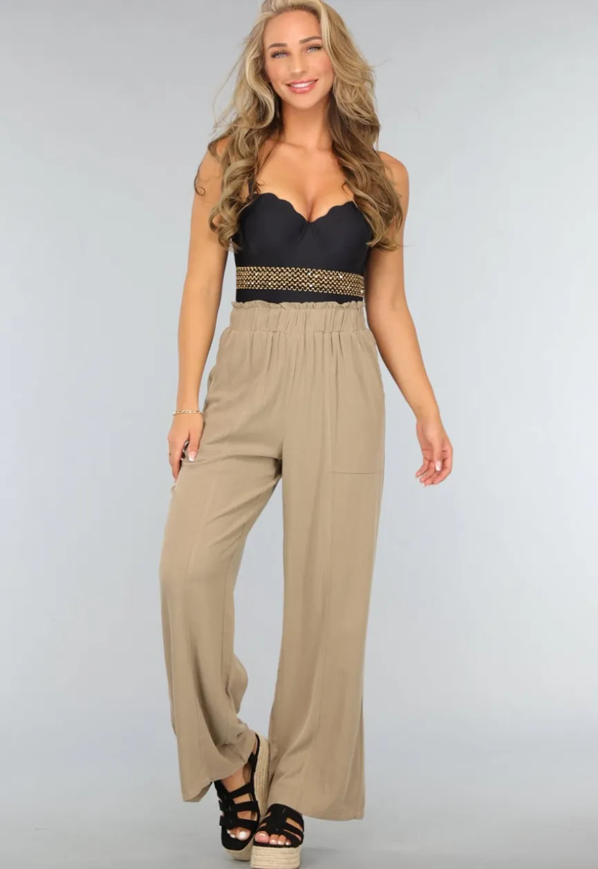 Taupe Linnenlook Broek met Wijde Pijpen