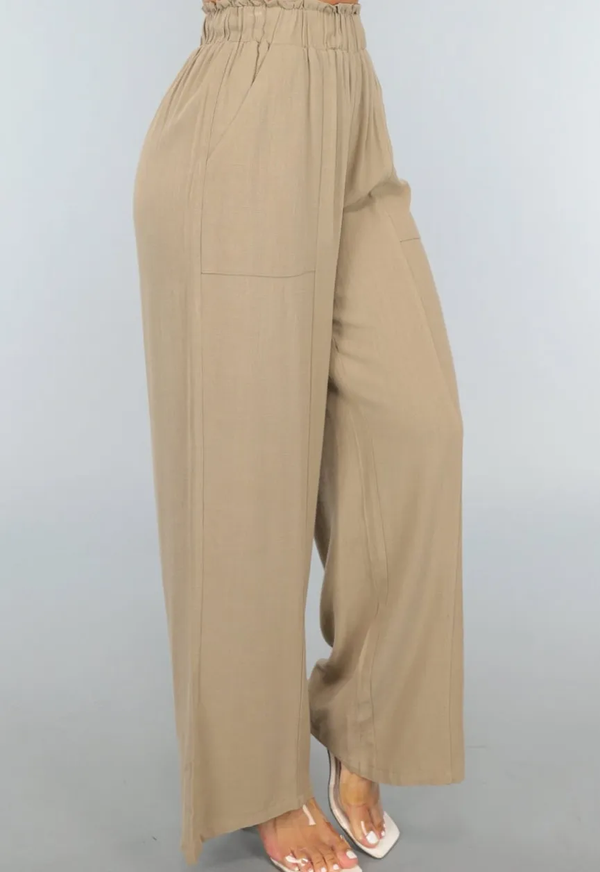 Taupe Linnenlook Broek met Wijde Pijpen