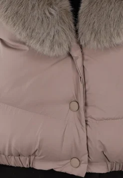 Taupe Pufferjas met Brede Imitatiebontkraag