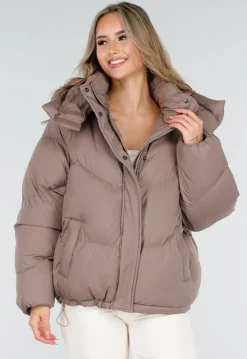 Taupe Pufferjas met Capuchon en Rits
