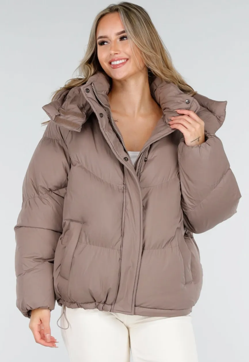 Taupe Pufferjas met Capuchon en Rits