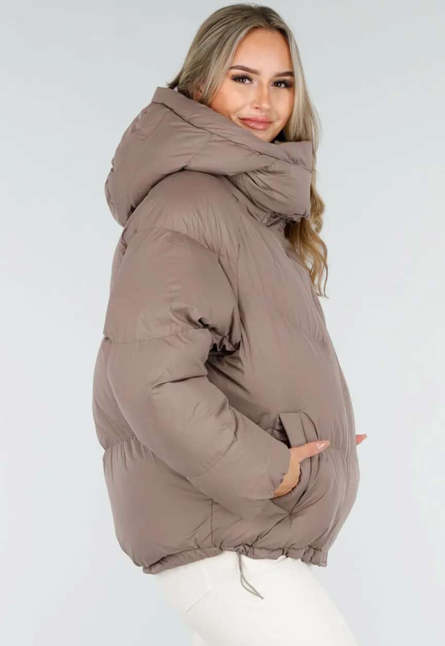 Taupe Pufferjas met Capuchon en Rits
