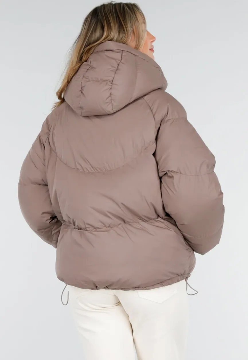 Taupe Pufferjas met Capuchon en Rits