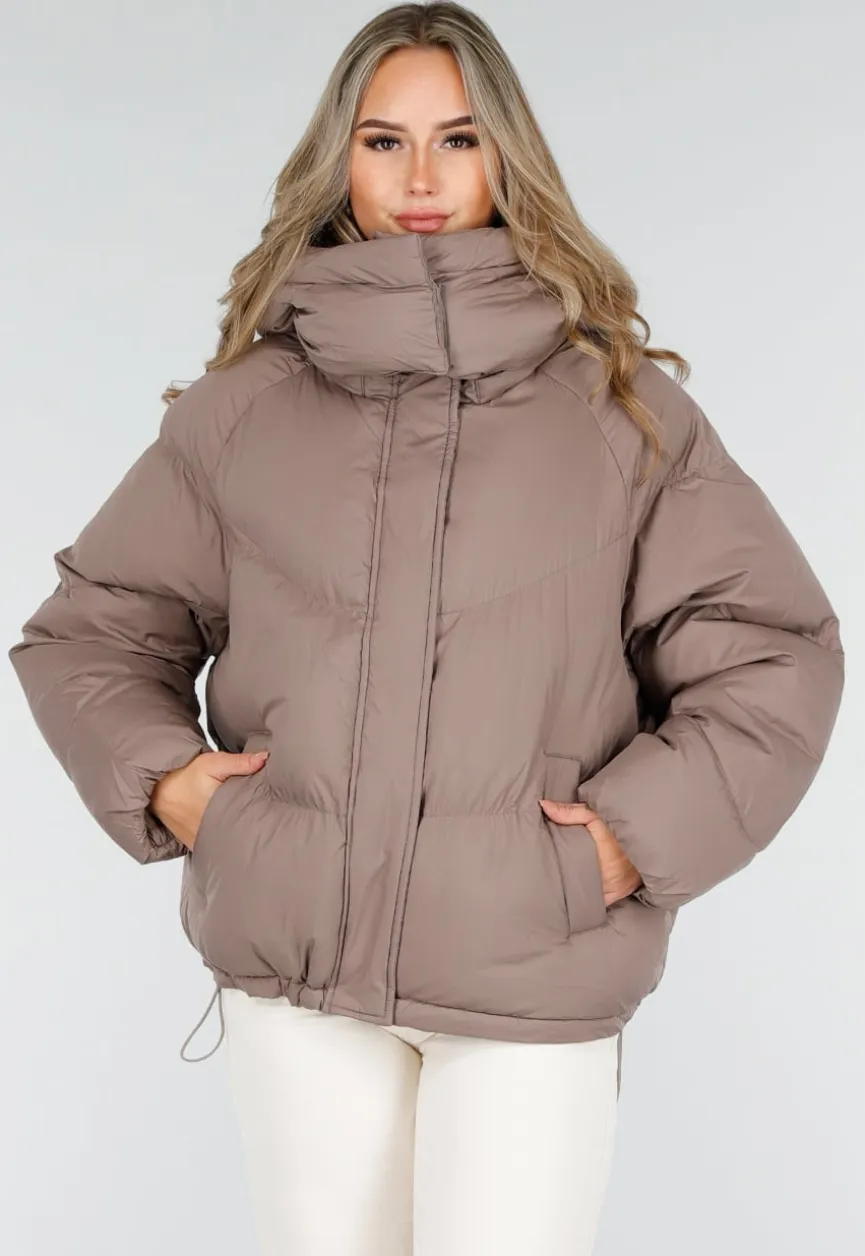 Taupe Pufferjas met Capuchon en Rits