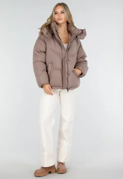 Taupe Pufferjas met Capuchon en Rits