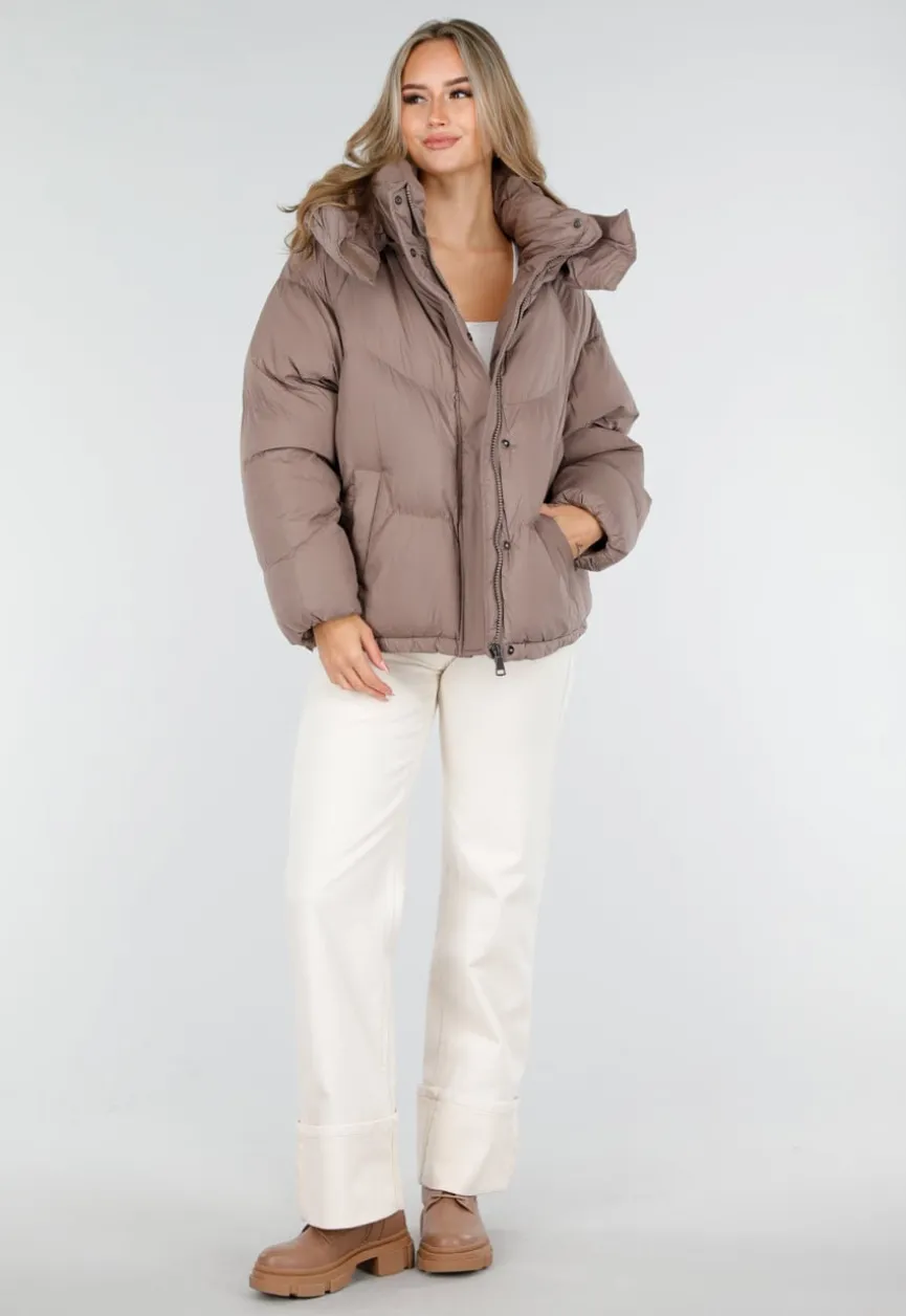 Taupe Pufferjas met Capuchon en Rits
