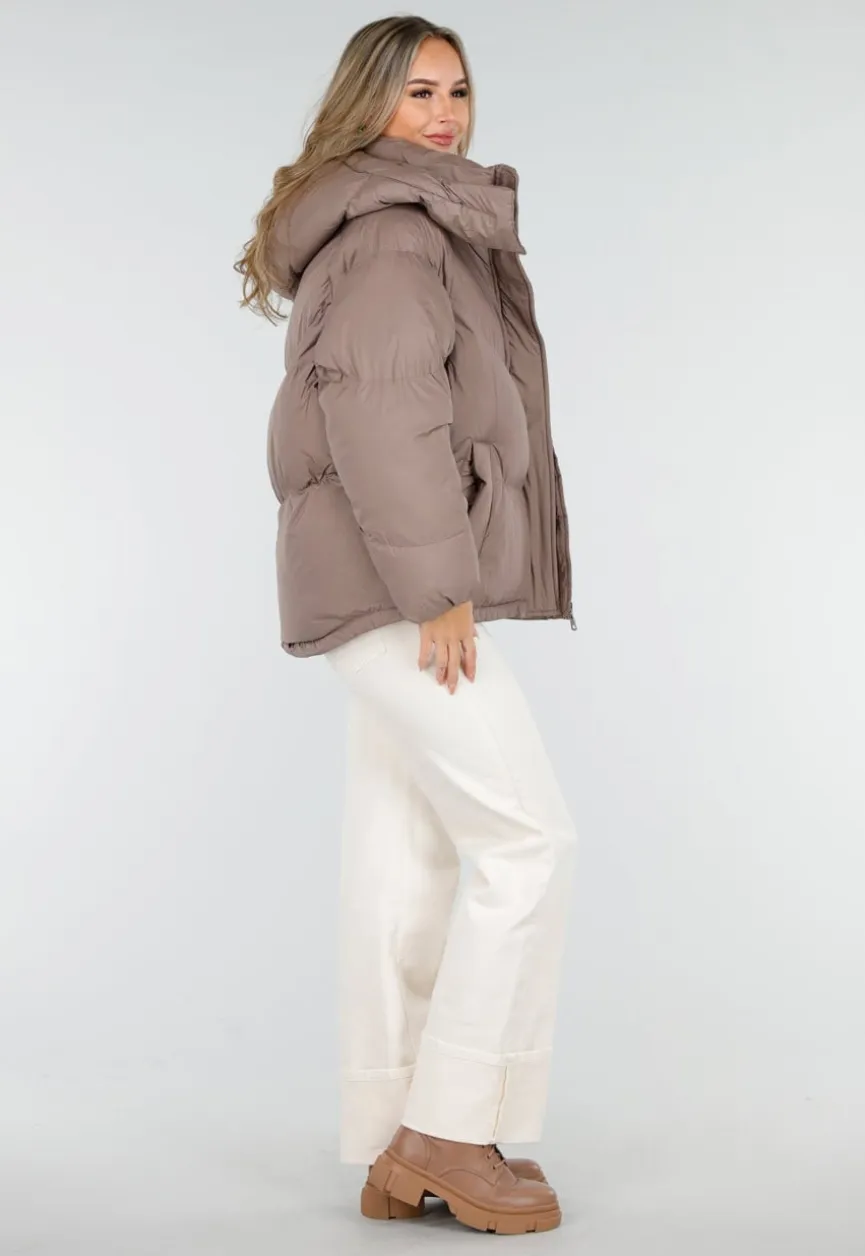 Taupe Pufferjas met Capuchon en Rits