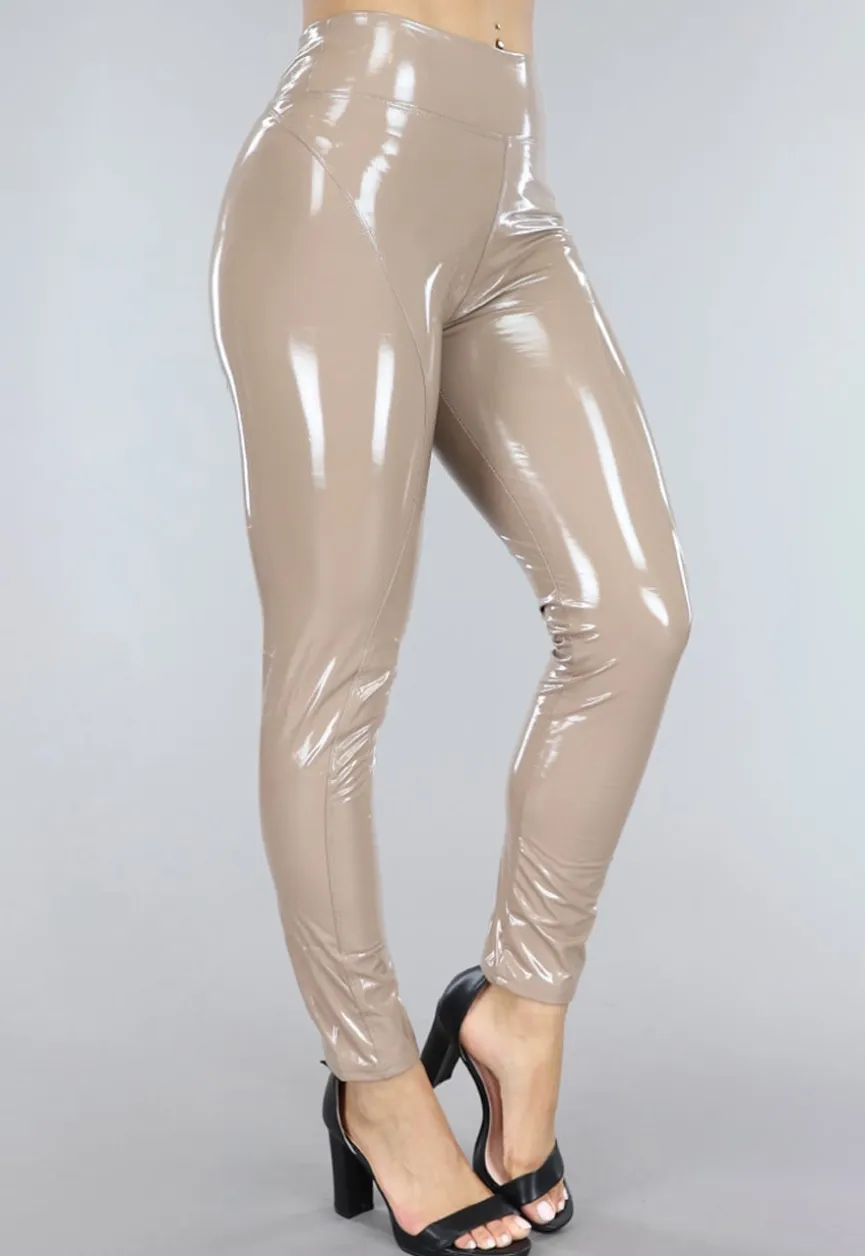 Taupe PVC Legging met Stiksels