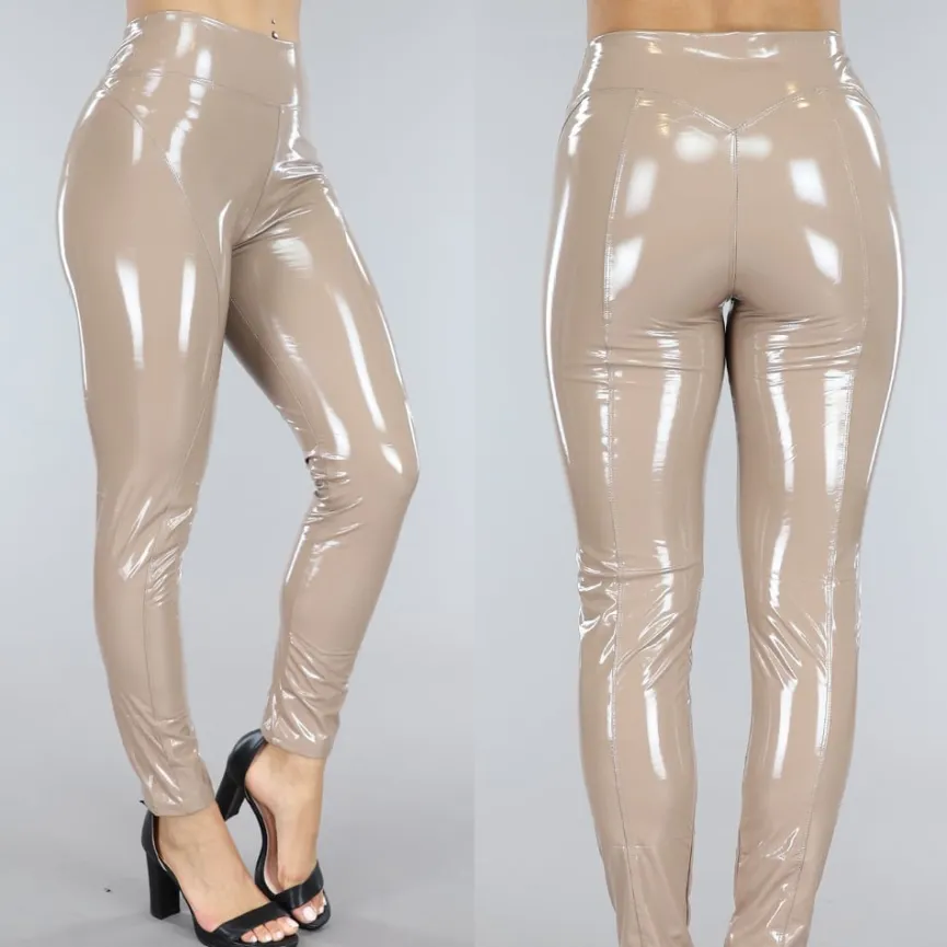 Taupe PVC Legging met Stiksels